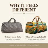 Why it feels different: ordinary nylon duffle vs Clara & Owen quilted duffle
