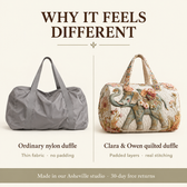 Why it feels different: ordinary nylon duffle vs Clara & Owen quilted duffle