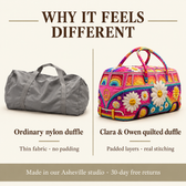 Why it feels different: ordinary nylon duffle vs Clara & Owen quilted duffle