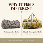 Why it feels different: ordinary nylon duffle vs Clara & Owen quilted duffle