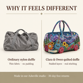 Why it feels different: ordinary nylon duffle vs Clara & Owen quilted duffle