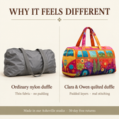 Why it feels different: ordinary nylon duffle vs Clara & Owen quilted duffle