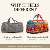 Why it feels different: ordinary nylon duffle vs Clara & Owen quilted duffle