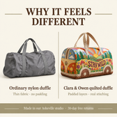 Why it feels different: ordinary nylon duffle vs Clara & Owen quilted duffle