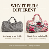 Why it feels different: ordinary nylon duffle vs Clara & Owen quilted duffle
