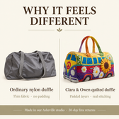Why it feels different: ordinary nylon duffle vs Clara & Owen quilted duffle