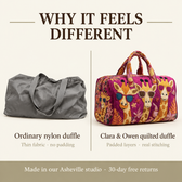 Why it feels different: ordinary nylon duffle vs Clara & Owen quilted duffle