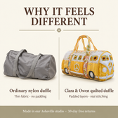 Why it feels different: ordinary nylon duffle vs Clara & Owen quilted duffle