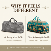 Why it feels different: ordinary nylon duffle vs Clara & Owen quilted duffle