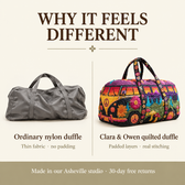 Why it feels different: ordinary nylon duffle vs Clara & Owen quilted duffle